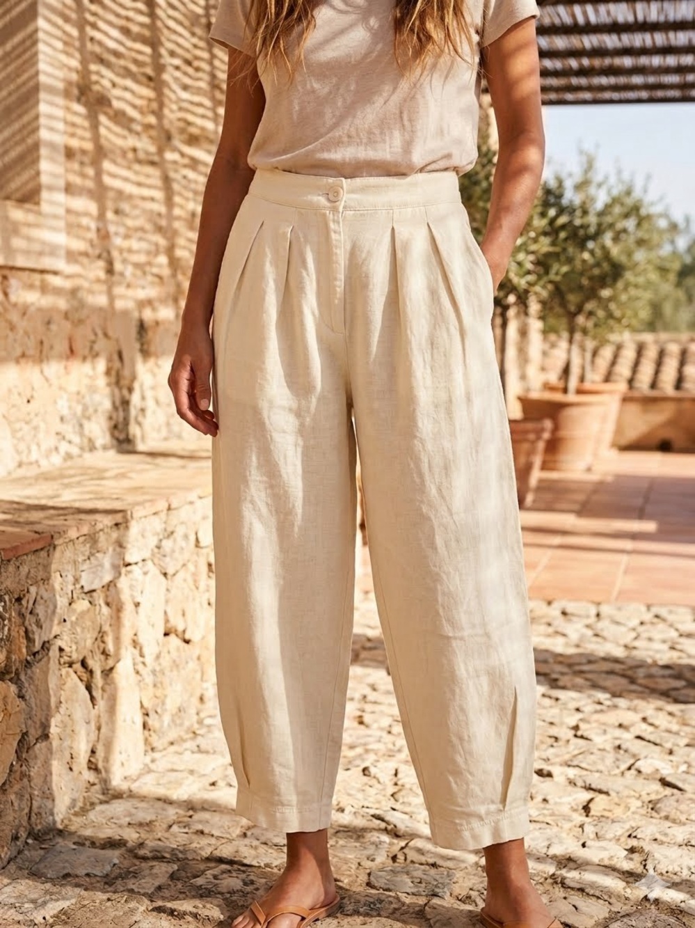Zara Lightweight Cream Pleat-Front Chinos / Barrel Pants Linen & Cotton Sz XS